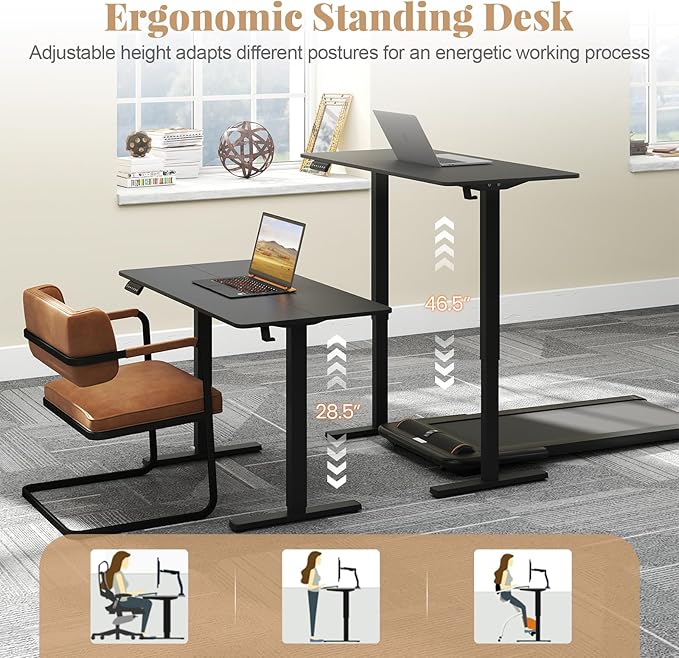 Tangkula 48” x 24” Electric Standing Desk Ergonomic Height Adjustable Sit to Stand Desk with 3 Memory Settings Anti-Collision Protection &amp Hook Computer Workstation for Home Office (Black)