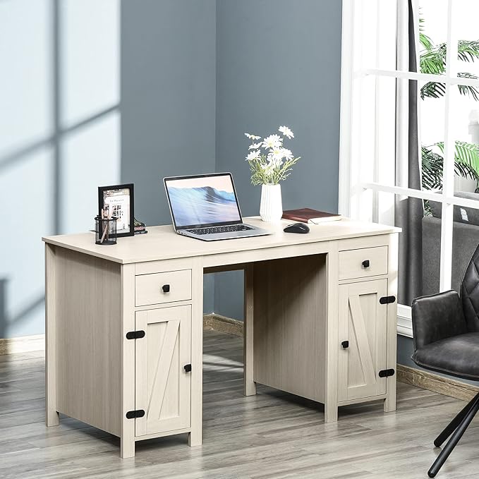 Farmhouse Computer Desk with Storage Home Office Desk with 2 Drawers and 2 Cabinets Cream White