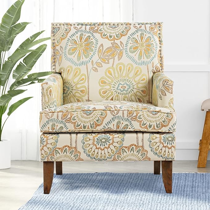 Floral Accent Sofa Chair Wingback Sofa Chair Comfy Club Chair Pattern Single Chair Upholstered Reading Arm Chairs for Living Room Bedroom (Beige Yellow)
