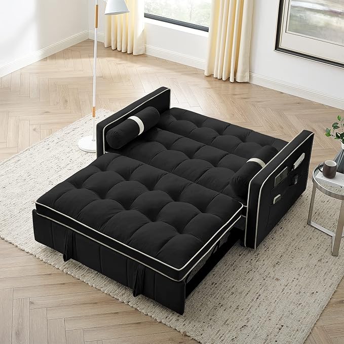 3 in 1 Sleeper Sofa Couch Bed Small Tufted Velvet Convertible Loveseat Futon Sofa w/Pullout Bed Adjustable Backrest Cylinder Pillows for Living Room Apartment Easy to Assemble Black 55.5