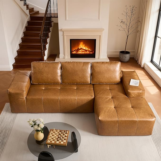115″ Modular Sectional Sofa L-Shaped Chaise Lounge Cloud Couch with Ultra-Wide Armrests &amp Deep Seat Soft Leather Boneless Couches for Living Room No Assembly Required Brown