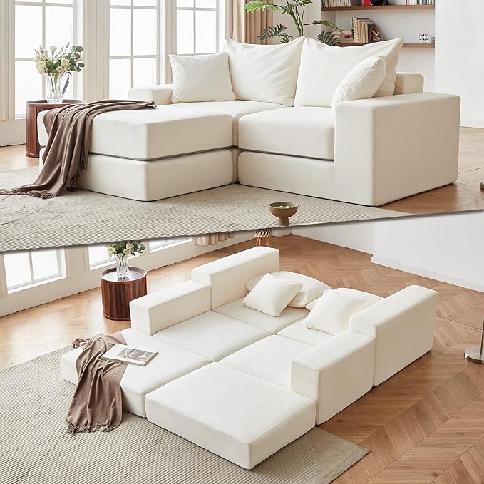 Modular Sectional Loveaeat Cloud Sofa Boneless Couch with Non Slip Base Modern Sleeper Sofa for Customizable Living Spaces Cozy Modular Couch with L-Shape Chaise Deep Seat &amp No Assembly Beige