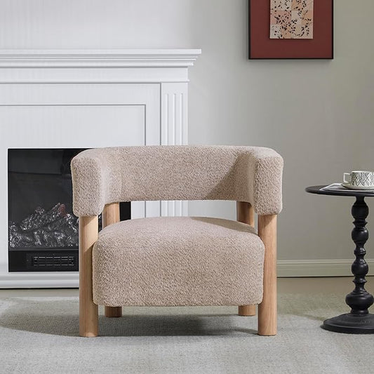 Christopher Knight Home Carly Low Profile Accent Chair Round Backrest Side Chair Living Room Armchair with Boucle Fabric Cushion Comfy Reading Chair for Bedroom Wooden Single Lounge Sofa Wheat