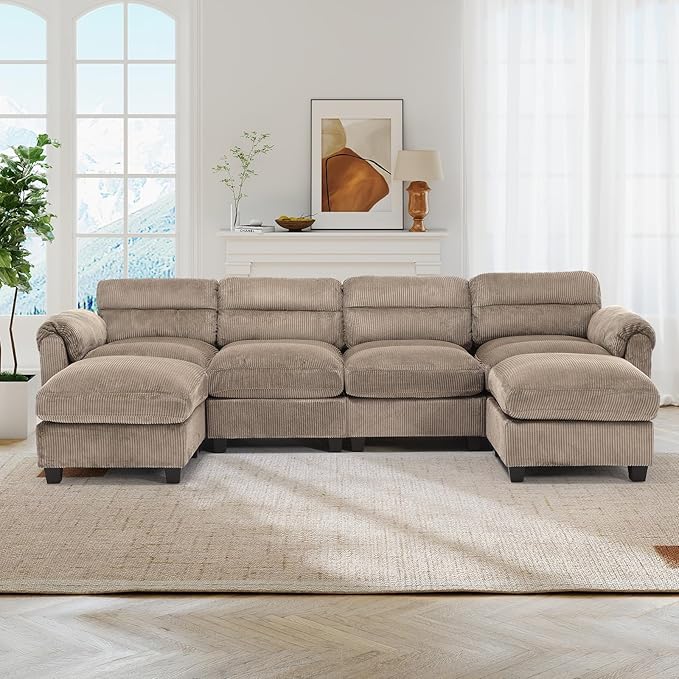 115” Modular Sectional U Shaped Sofa with Movable Ottoman Corduroy 6-Seater Couches with Thick Cushion for Living Room Brown