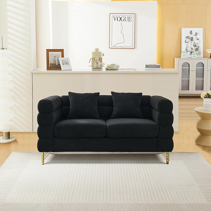 mikibama Modern Teddy Loveseat Sofa 60 Inch Sectional Sofa Couch Luxury 2 Seater Deep Couch with 2 Pillows and Gold Metal Legs for Living Room Bedroom Apartment (Black)
