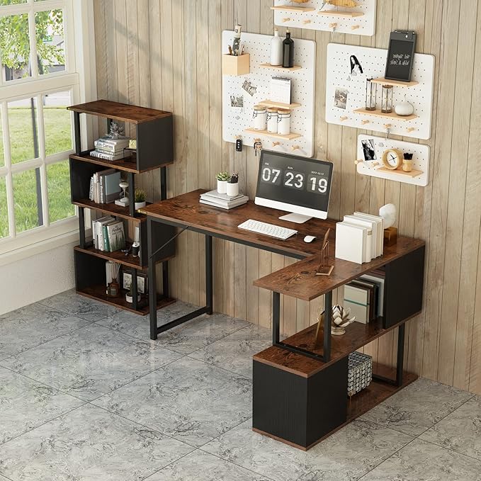 48.8in Compact L-Shaped Computer Desk with 2-Tier Storage Shelf Sturdy Construction Ideal for Home Offices and Gaming Rooms Brown