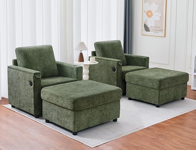 34.25 Accent Chairs with Storage Ottoman Set Upholstered Living Room Chairs for Reading Chair with Chaise Lounge Chairs Indoor Comfortable Armchair for Bedroom (Green 34.25)