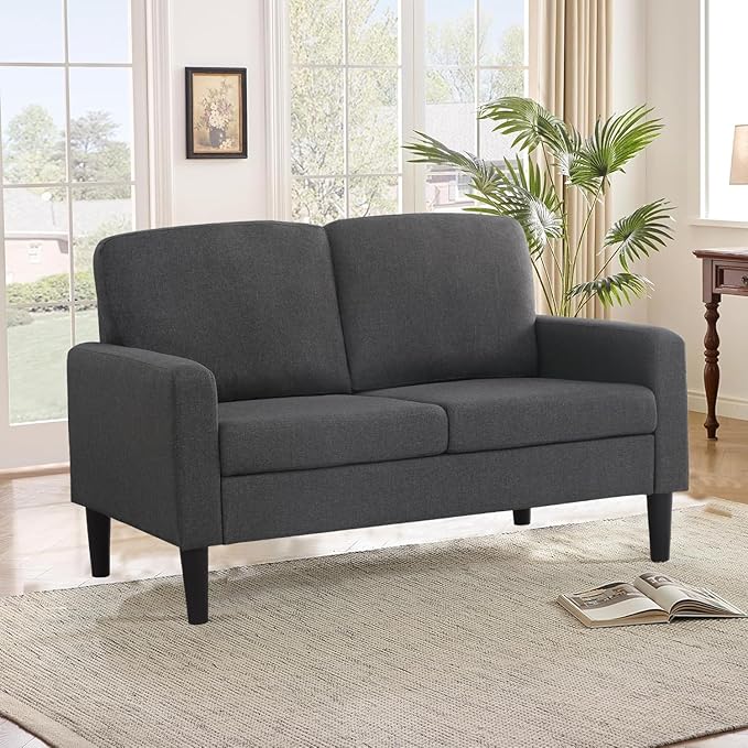 Flesser 53-Inch Loveseat Sofa Dark Grey Small Couch for Small Spaces Linen Fabric Love Seat 2 Seater Sofa for Bedroom Dorm Room Offices All-Wood Couch Tool-Free