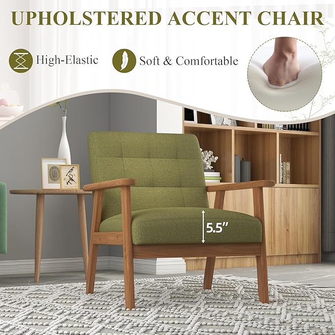 Westice Accent Chair 1PC Mid-Century Modern Living Room Chairs with Solid Wood Frame &amp Soft Thicken Cushion Upholstered Reading Arm Chair for Bedroom Balcony Green Linen Fabric &amp Natural L