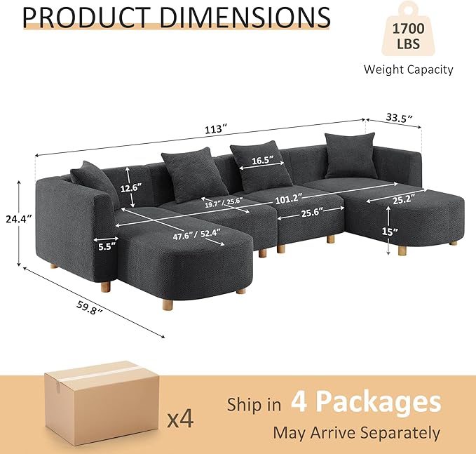 VANOMi 113 Sectional Sofa with 4 Pillows U-Shaped 4-Seater Comfy Boucle Cloud Couch Modern Double Chaises Lounge Sofas for Living Room Office Apartment (Dark Gray-U)