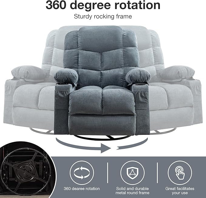 Oversized Massage Swivel Recliner Chair with Lumbar Heating for Living Room Rocker Recliner Single Sofa with Cup Holders and USB Charge Port Large Big Chair Recliners for Adult
