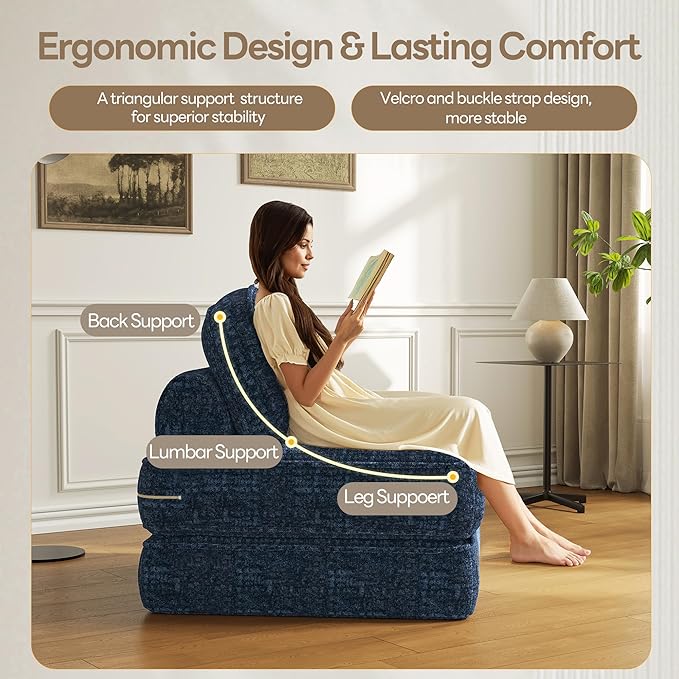 Dowinx Folding Sofa Bed with Pillow Convertible Comfy Couch Bed for Adults Home Lounge and Gaming Modern Comfortable Design for Apartment Living Room Bedroom Single Smooth Velvet Blue