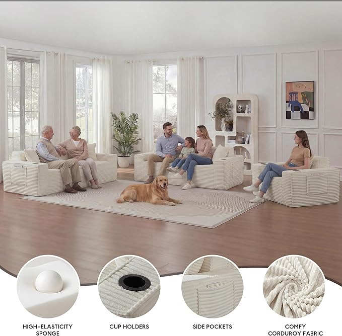Boneless Sectional Sofa 3 Piece Set with Cup Holders &amp Side Pockets Modern Corduroy Fabric Deep Seat Cloud Couch Living Room Office No Assembly (White)