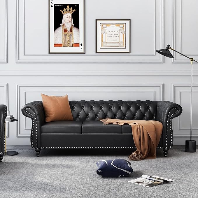 Chesterfield 3 Seater Sofa Modern Leather Tufted Couch 3 Seater with Rolled Arms and Nailhead Mid-Century Upholstered Couch for Living Room Bedroom Apartment and Office Black