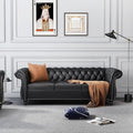 Chesterfield 3 Seater Sofa Modern Leather Tufted Couch 3 Seater with Rolled Arms and Nailhead Mid-Century Upholstered Couch for Living Room Bedroom Apartment and Office Black