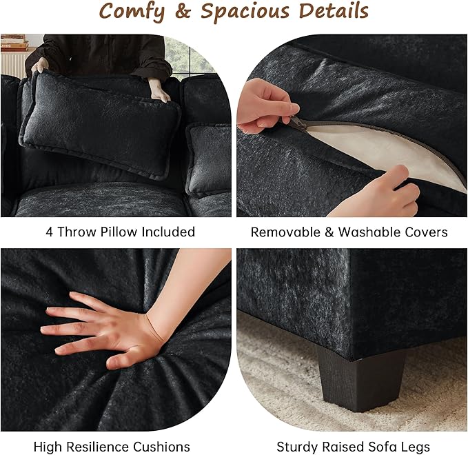 113 U Shaped Sectional Sofa Comfy Cloud Couch Chenille Sofa Sleeper Deep Seat Sofa with 4 Throw Pillows 4-Seater Double-Layer Modern Sofa for Living Room Black