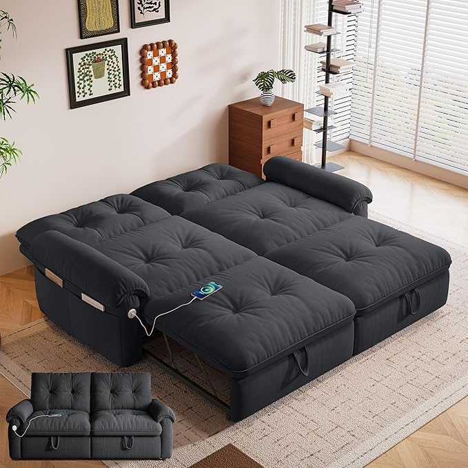 77'' Convertible Sofa Bed Queen Size Pull Out Couch Bed with Storage and USB Velvet Love Seat Sleeper Sofabed for Living Room Small Apartment Bedroom Office Black