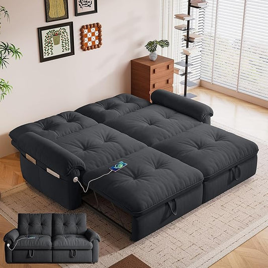 77'' Convertible Sofa Bed Queen Size Pull Out Couch Bed with Storage and USB Velvet Love Seat Sleeper Sofabed for Living Room Small Apartment Bedroom Office Black