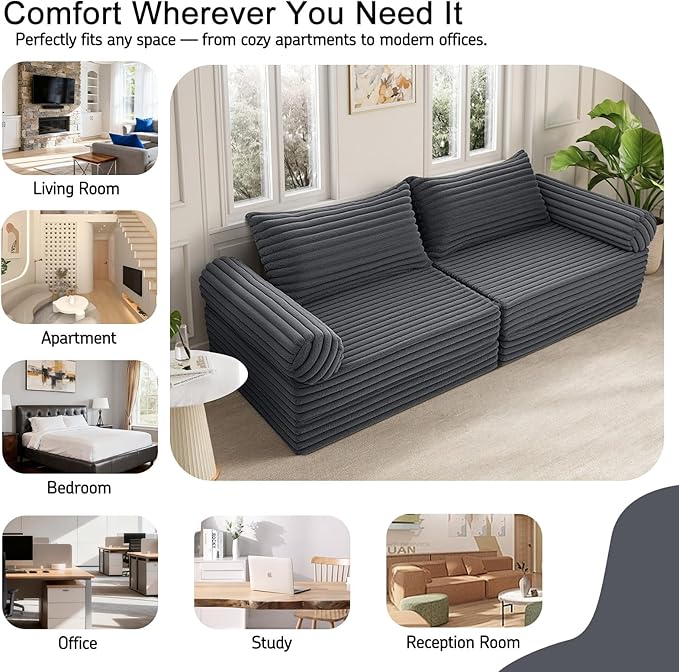 MeMoreCool Convertible Sofa Bed Folding Floor Couch Bed Queen Pull Out Sleeper Couch with Pillows Fold Out Futon Sofa for Bedroom Living Room Small Space Corduroy Grey
