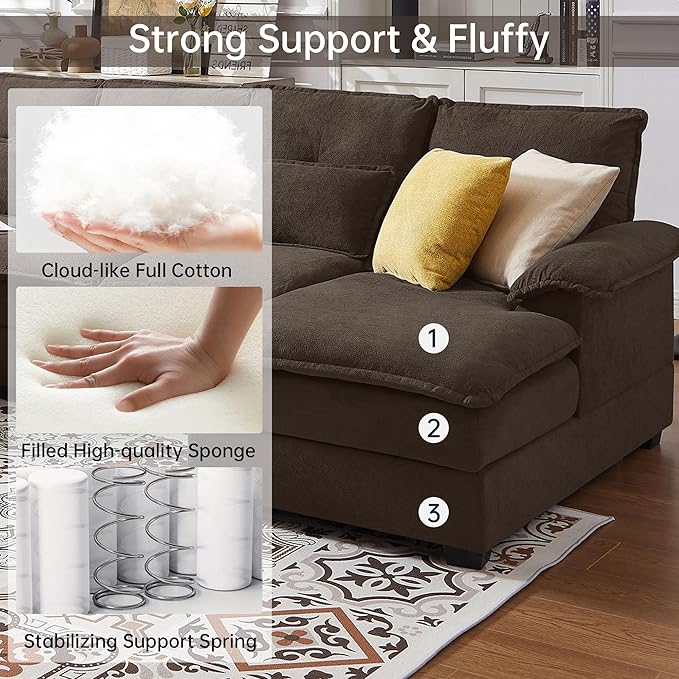 Comfy Cloud Couch Sectional Sofa with Lumbar Pillows Modern U-Shaped Cloud Sofa with Double Chaise &amp Deep Seat 4 Seat Sectional Couch for Living Room or Office Easy Assembly Dark Coffee
