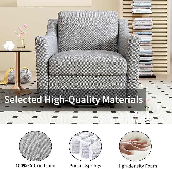 QMIT Cotton Linen Fabric 360° Swivel Accent ChairBarrel Chairs for Bedroom Living Room (Light Gray)