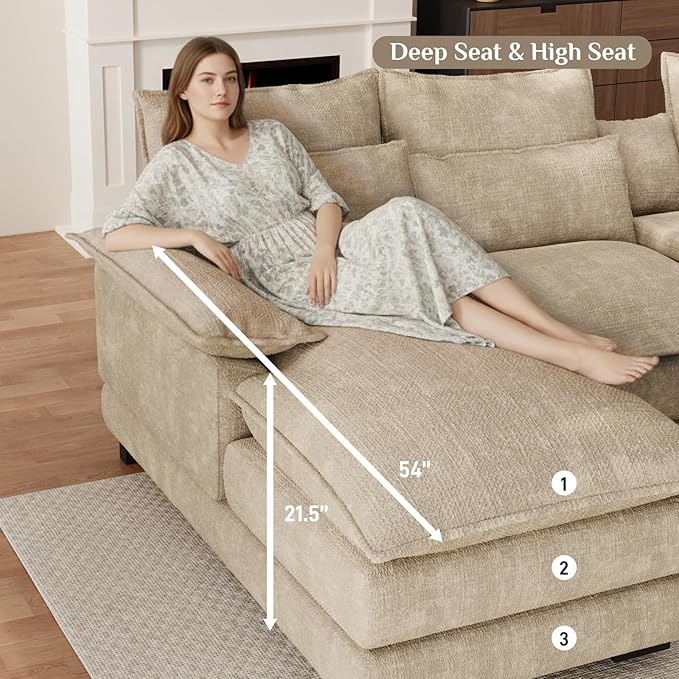OUYESSIR 135 U Shaped Sectional Cloud CouchBrown Sectional Couches for Living RoomComfy Fluffy Chenille Oversized Cloud CouchModular Sectional Sofa with Central Console &amp Double Chaise Lounge