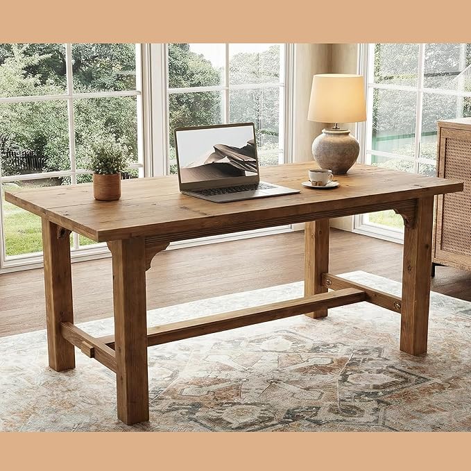 63‑Inch Executive Desk Solid Wood Computer Workstation for Home Office Large Office Desk with Foot Bar Farmhouse Writing Table in Brown