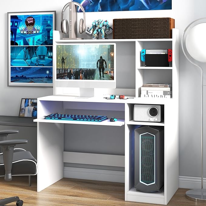 White Computer Desk with Hutch Wood PC Table w/Power Outlet Keyboard Tray and CPU Stand Modern Writing Desk with Bookshelf for Bedroom Simple Work Table for Home Office