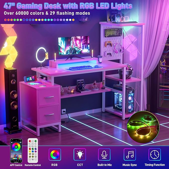 Computer Desk with 2 Fabric Drawers - Reversible Home Office Desk with Power Outlet &amp LED Lights 53 Writing Desk with Monitor Stand &amp Storage Shelves Gaming Desk Study Table with Pegboard