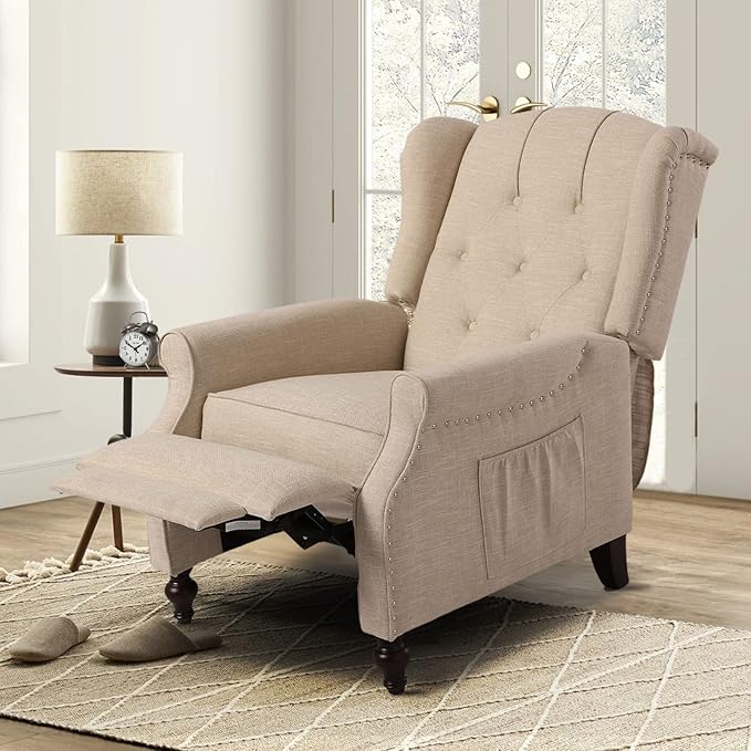 Recliner Wingback Chair - Tufted Armchair - Massage Recliner Chair with Heat - Fabric Push Back Recliner with Remote Control Heating Function Adjustable Backrest (Beige)