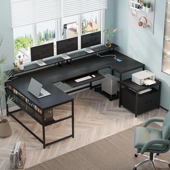 SEDETA U Shaped Desk Reversible L Shaped Home Office Desk with File Drawer &amp Power Outlet 101.5'' Computer Two Person Desk with Monitor Shelf Keyboard Tray Gaming Desk Black