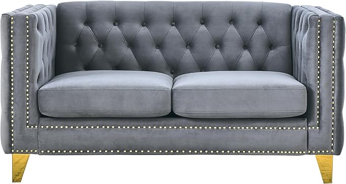 58 Loveseat Sofa with Buttons Tufted Square Arm2-Seat Velvet Upholstered Couch W/Metal Legsfor Living RoomBedroomApartmentGray