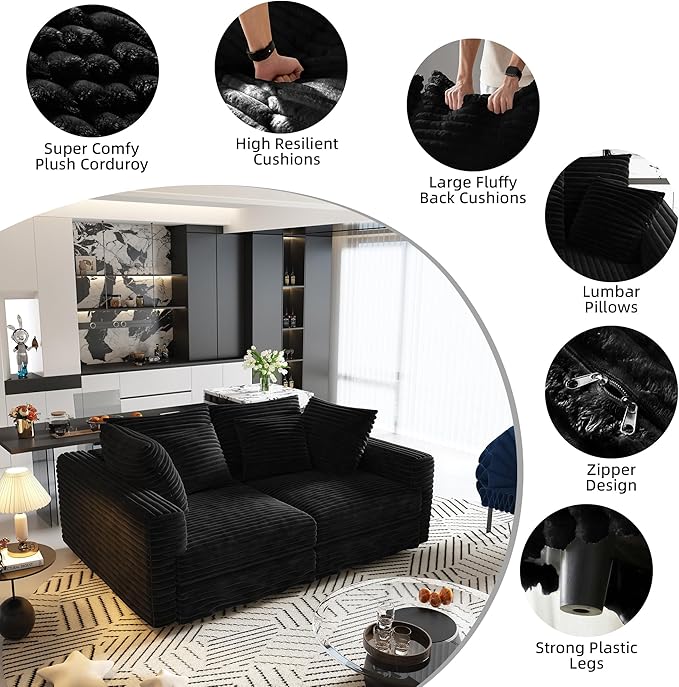 Cloud Couch Modular Sectional Sofa Fluffy 4 Seater Corduroy Cloud Sofa Couch 102.4'' Oversized Chaise Lounge Sleeper Sofas Deep Seat Sectional Couches for Living Room Black