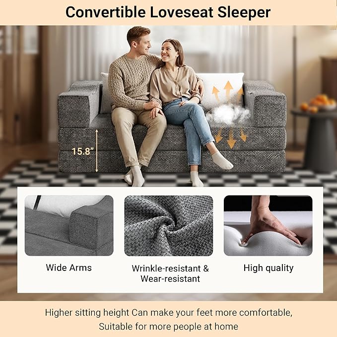 80 Foldable Chenille Futon Sofa Bed 4-in-1 Convertible Couch with 2 Pillows King-Size Floor Lounger for Living Room Guest Room Dorm - No Assembly (Gray 80in)