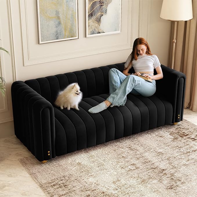 Emerald Green Velvet Couch 80 Inch Wide Mid-Century Modern Sofa Velvet Tufted Upholstered Velvet Sofa Love Seats Sofa with Golden Leg 3 Seat Sofa Big Comfy Couch Sofas for Livingroom (BlackA)