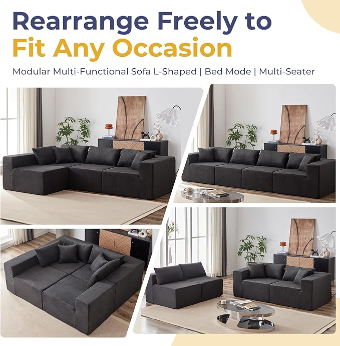 104 Corduroy Modular Sectional Viral Cloud Couch with ChaiseCloud Sectional L-ShapedSofa Bed for Living RoomMemory Foam Compressed Boneless Couches in a BoxNo Assembly RequiredBlack