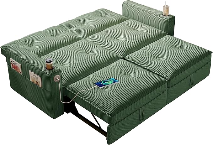 73.2'' Sleeper Sofa Bed Full Size Corduroy Futon Couches Convertible Pull Out Couch 5min Assembly Adjustable Backrest USB Pocket Modern Loveseat for Small Space Living Room Green