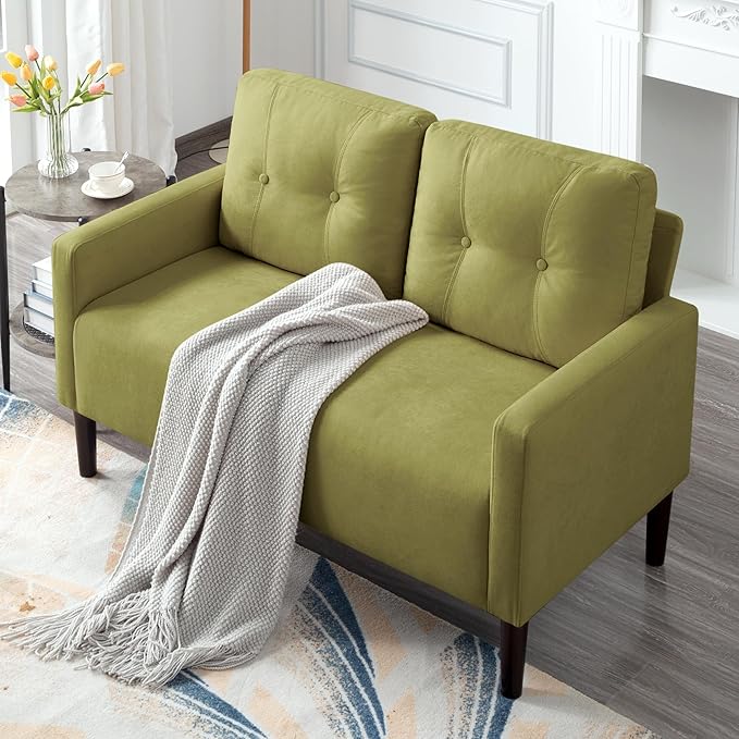 Loveseat Sofa Small Couch for Small Spaces Modern Linen Fabric 2-Seater Sofa with Solid Wood Legs Easy Assembly Apartment Couch for Living Room Office (Green)