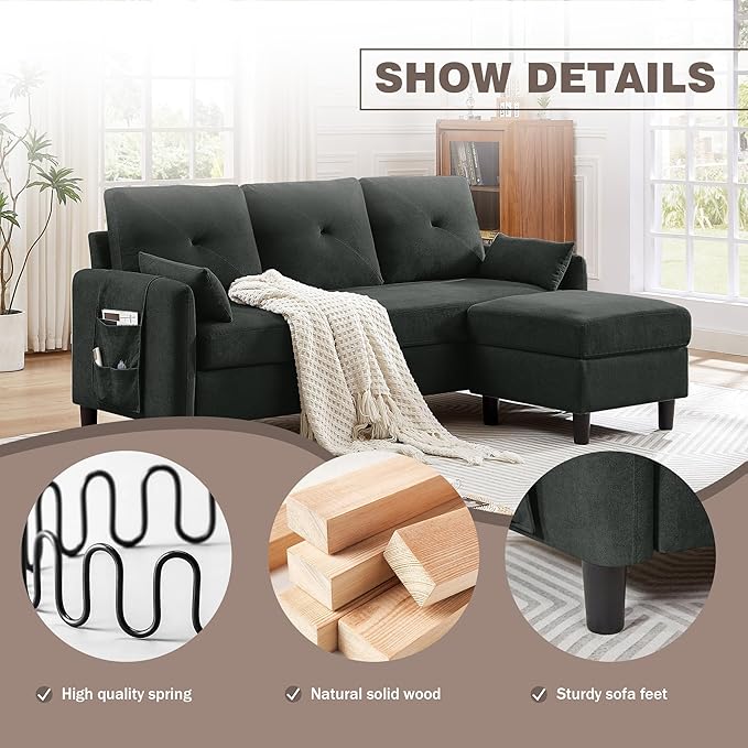 Convertible Sectional Sofa Modern Linen Fabric Sofa Couch with Reversible Chaise 3 Seat L-Shaped Couches for Living RoomOffice Small Apartment Black