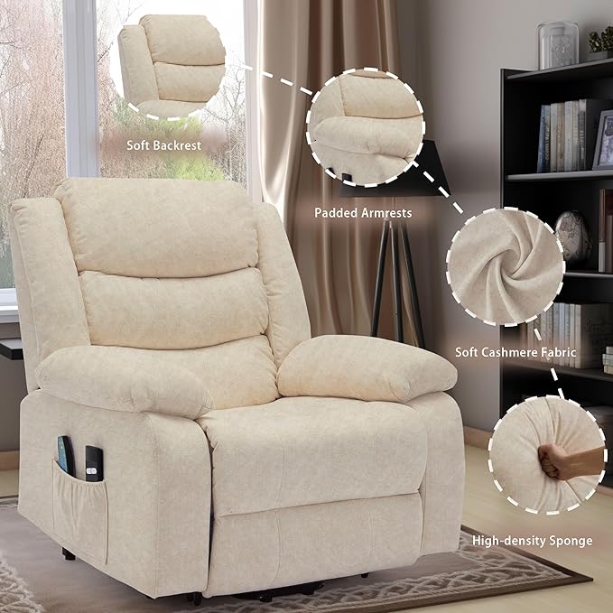 Oversized Power Lift Recliner for Elderly Extra Wide Electric Recliner Chairs with Massage and Heat Reclining Chair with Side Pockets Recliner for Living Room (Imitation Cashmere Khaki)