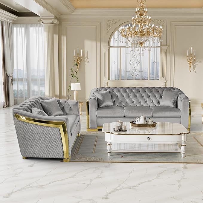 Luxury Velvet Chesterfield Sofa for Living Room 62.2 Comfy Mid Century Modern Victorian Curved Loveseat Couch Deep Seat Couches Tufted Sofas with Gold Legs for Apartment Grey