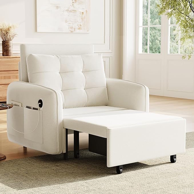 3-in-1 Convertible Sleeper Chair Bed Multi-Functional Chenille Single Sofa Bed with Storage Pockets and Box 80 Extra Long Pull Out Sleeping Lounge Chair for Living Room &amp Apartment (Beige35)
