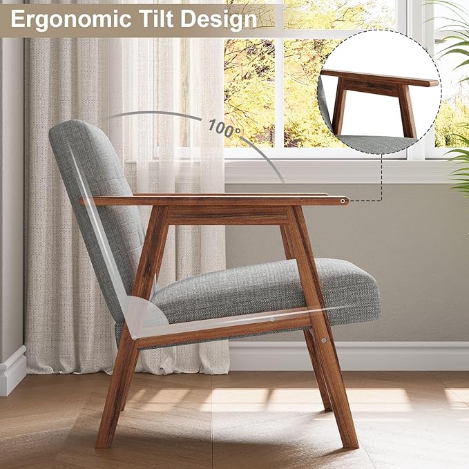 Accent Chair Upholstered Fabric Lounge Chair with Solid Wood Frame &amp Soft Cushion for Living Room Bedroom Balcony Gray