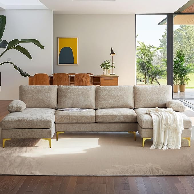 VINGLI 110 Large U-Shape Sectional Sofa Couch with 51 D Double Chaise for Living Room Modern Sectional Couch Set with Soft 5.9 Thickness Seating Padding Chenille FabricMetal Gold Legs(Khaki)