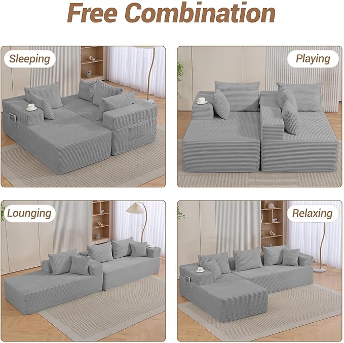 105'' Cloud Sectional Couch Modular L-Shaped Boneless Sectional Sofa Corduroy Deep Seat Couch Small Space Sofas for Living Room Bedroom Apartment No Assembly Grey