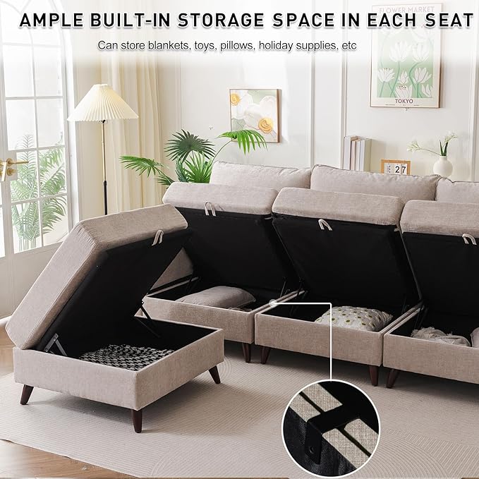 104'' Modular Sectional Sofa with All Seats Storage Oversized L Shaped Couch for Living Room3-Seater Comfy Cloud Couches with Movable OttomanBig Sectional for BedroomVeletKhaki