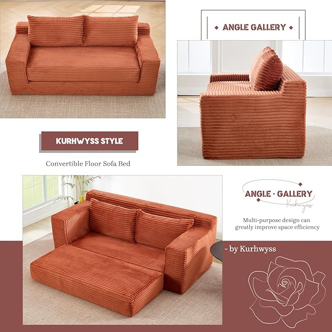 Folding Sofa Bed with Memory Foam Convertible Floor Sleeper Sofa 72 Pull Out Couch Bed with Steel Frame Modern Compressed Couch for Living Room Bedroom Apartment No Assembly (Corduroy Orange)