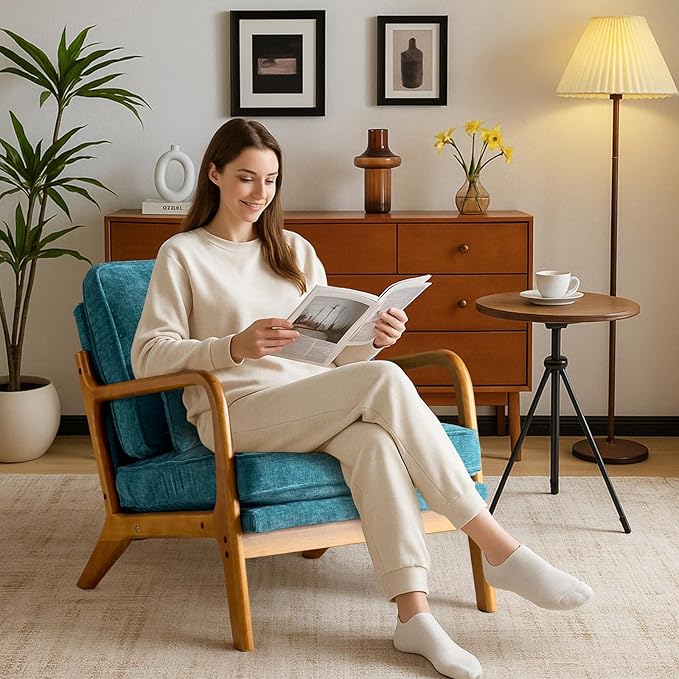 Karl home Mid Century Modern Accent Chair with Lumbar Pillow &amp Oak Arms – Plush Chenille Living Room Chair for Bedroom Lounge (Teal)