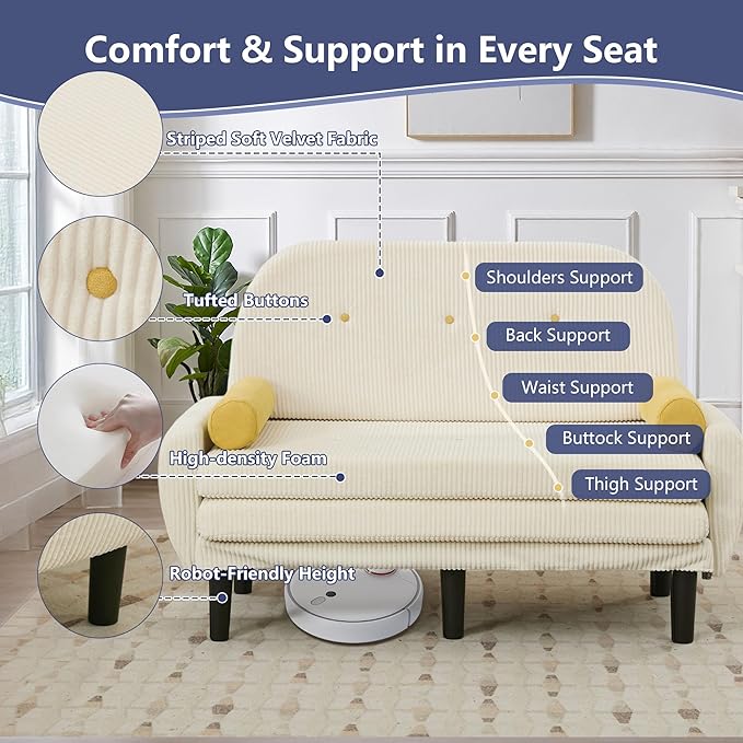 Convertible Sofa Bed 3 in 1 Pull Out Couch Futon Loveseat Sleeper with Adjustable Backrest Removable Armrests Side Pockets &amp USB Charging for Living Room Apartment Small Space (Ivory)