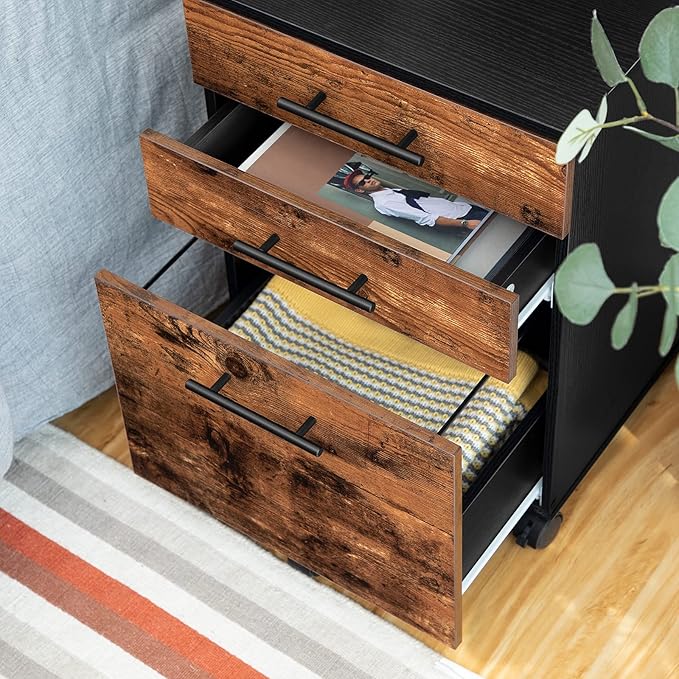 HOOBRO 3-Drawer File Cabinet Wooden Under Desk Filing Cabinet fits A4/Letter Size for Home Office Small Rolling Storage Drawer Chest Printer Stand with Drawers Rustic Brown and Black BF02WJ01G1